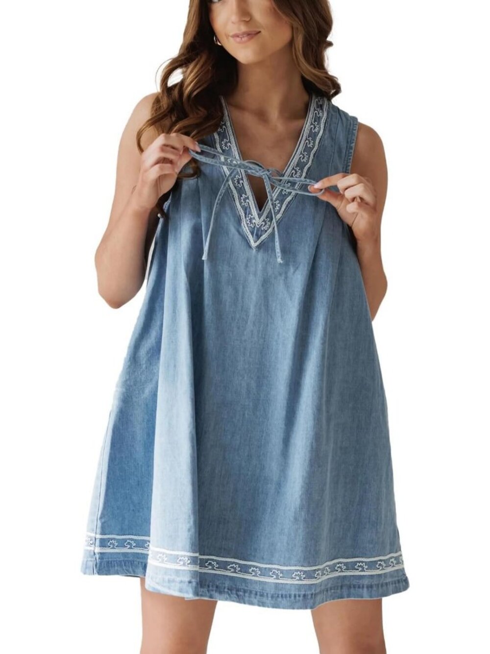 Embroidered Sleeveless V-Neck Mini Denim Dress - Casual Summer Beachwear 2025